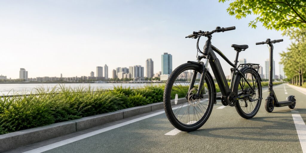 Electric bike and scooter on a modern city bike lane for DylanBikes homepage banner