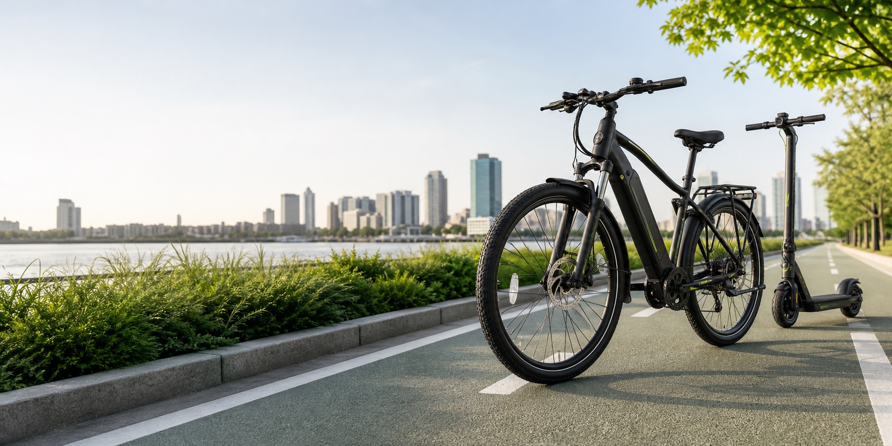 Electric bike and scooter on a modern city bike lane for DylanBikes homepage banner