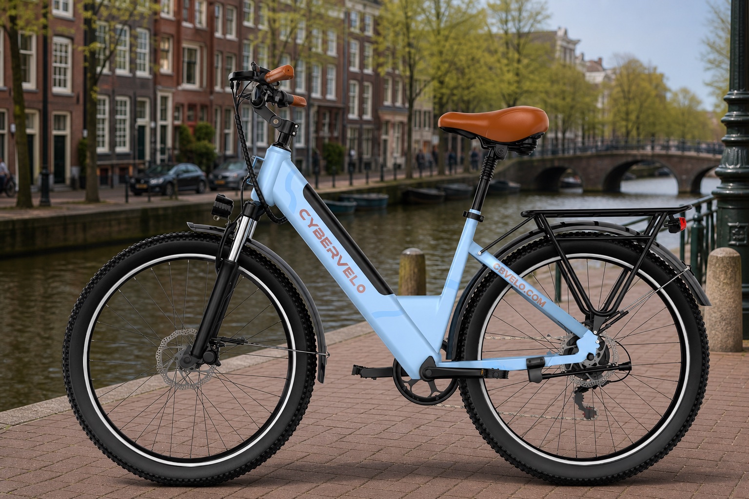 Cybervelo EK2 step-through commuter e-bike beside a European canal
