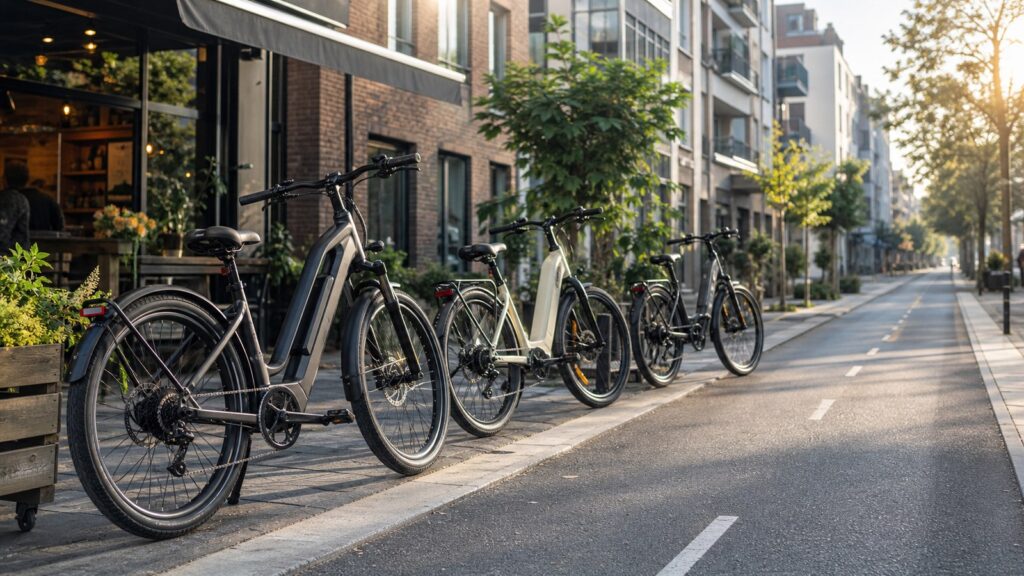 Electric bikes parked on a European city street for an e-bike suspension guide cover