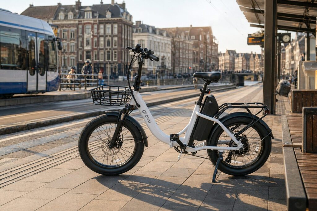 DYU C9 e-bike in a European city setting for an e-bike battery placement guide