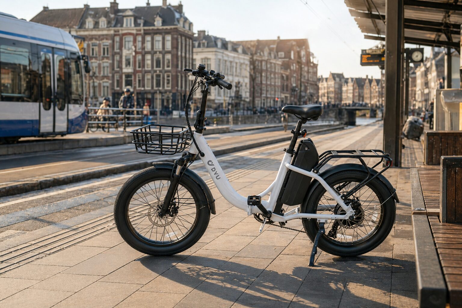 DYU C9 e-bike in a European city setting for an e-bike battery placement guide