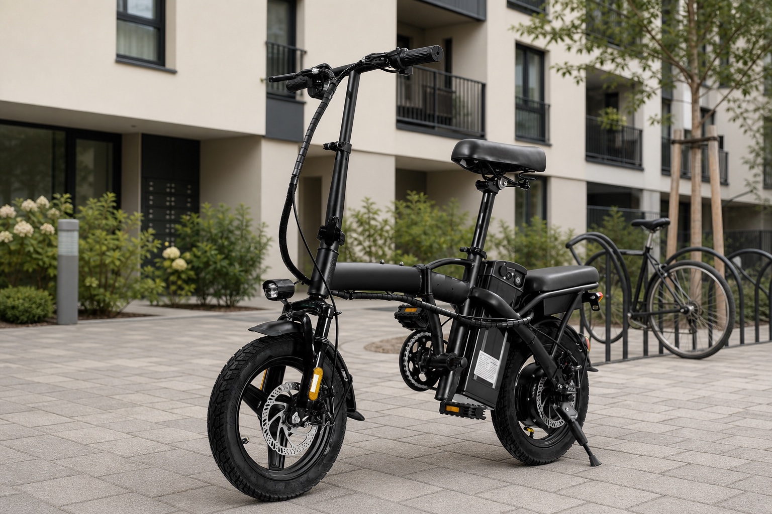 Terrosor T5 compact folding e-bike in a residential courtyard