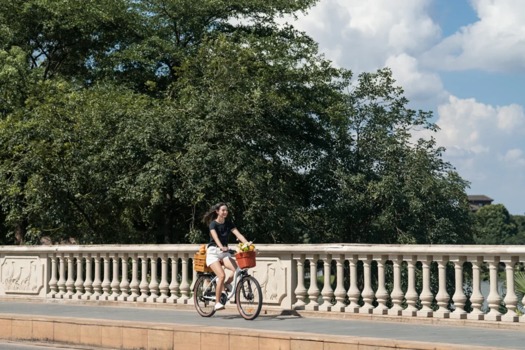 DYU-branded city e-bike crossing a bridge after a secure battery mount check