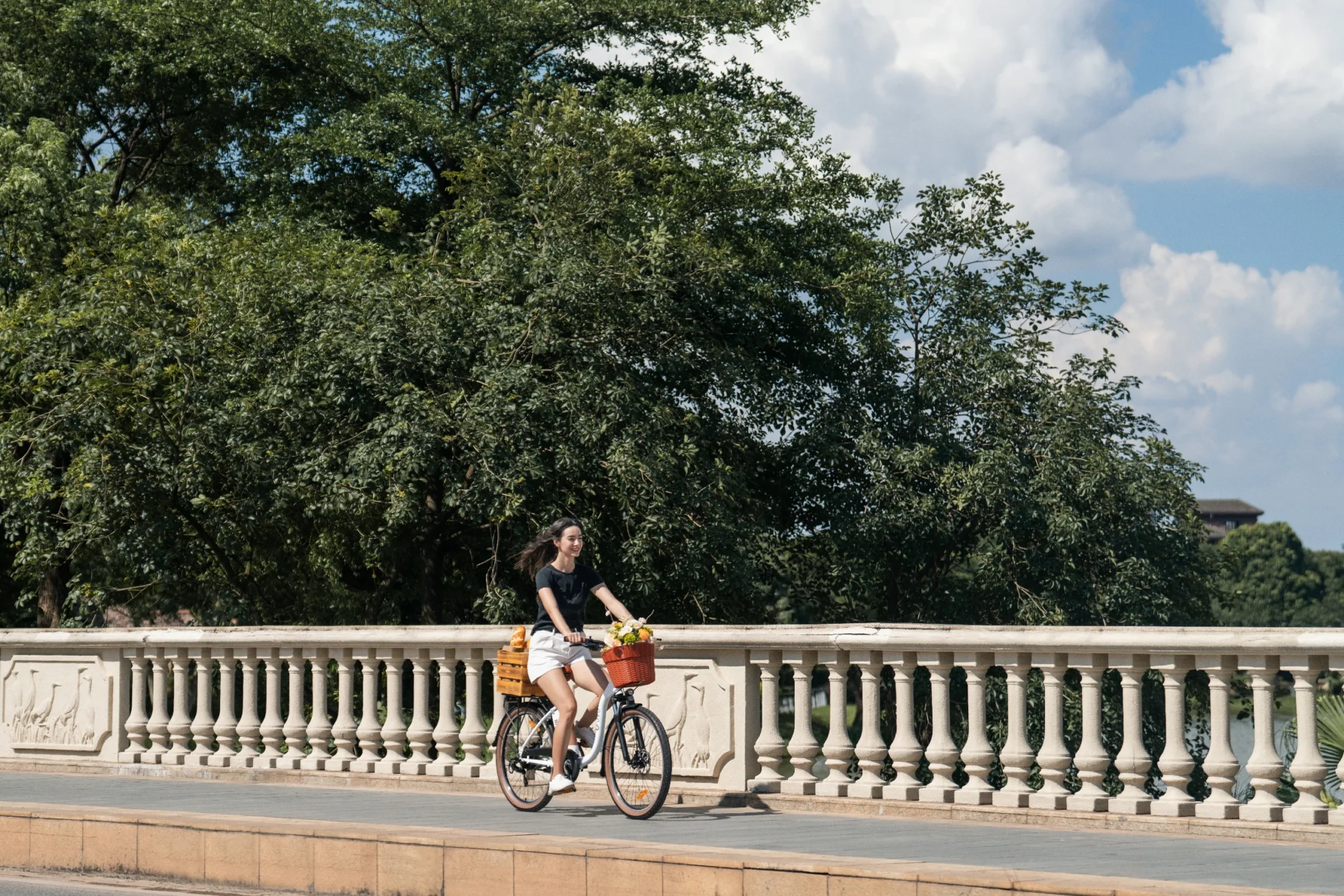 DYU-branded city e-bike crossing a bridge after a secure battery mount check