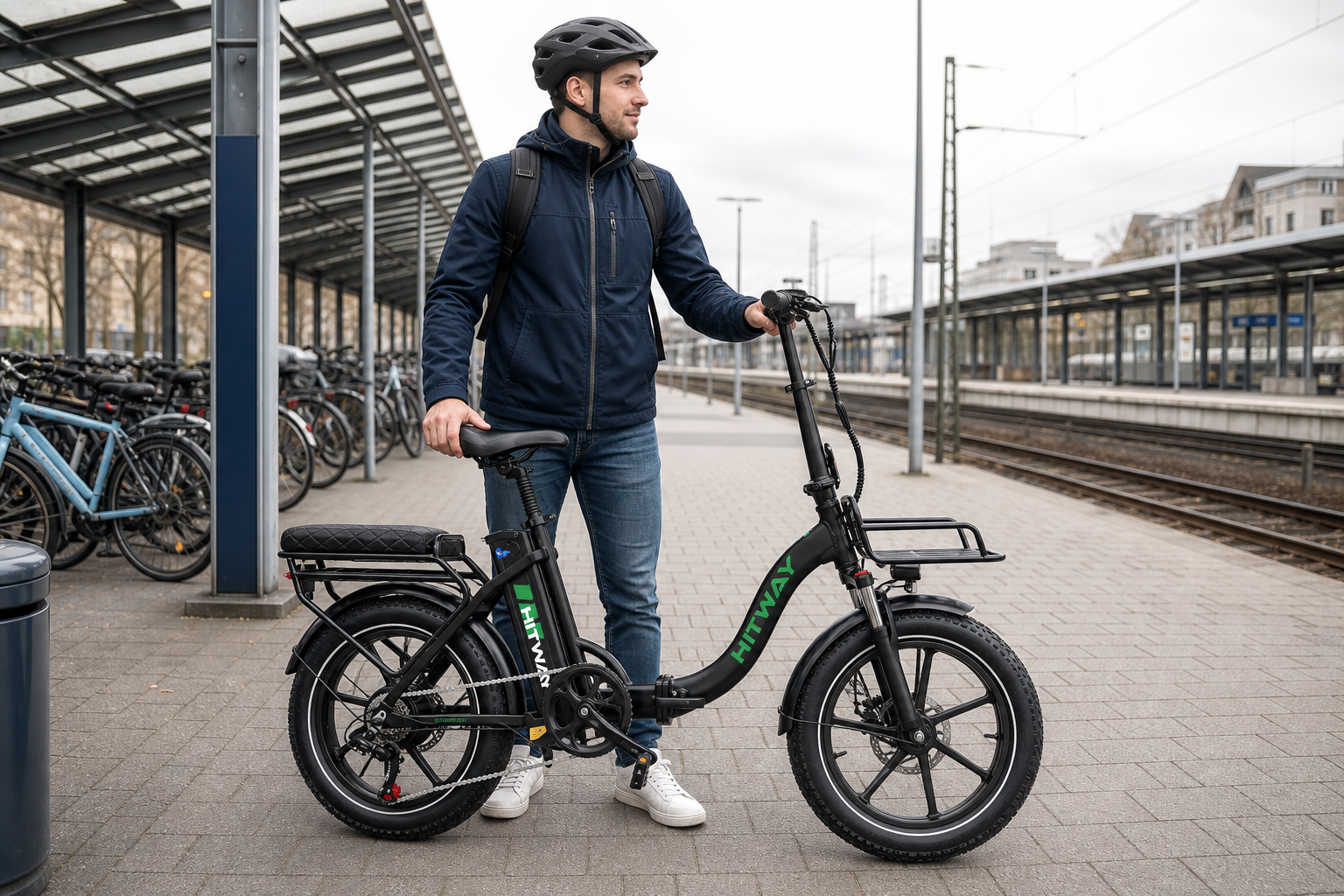 Folding E-Bike vs Seated Electric Scooter for Mixed Commutes 2 HITWAY BK6S L1 folding electric bike at a European commuter station