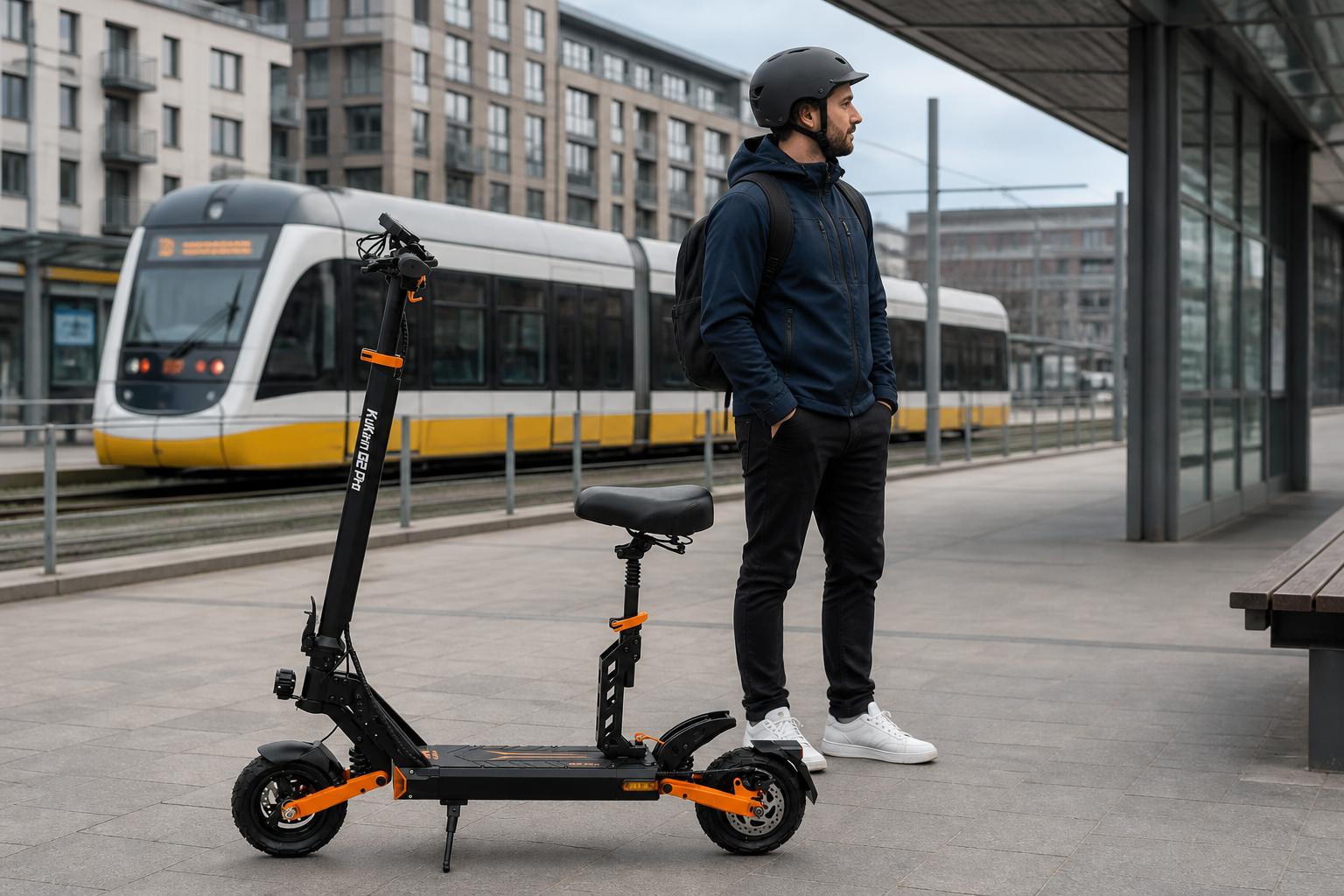 Folding E-Bike vs Seated Electric Scooter for Mixed Commutes 3 KuKirin G2 Pro seated electric scooter at a European tram station